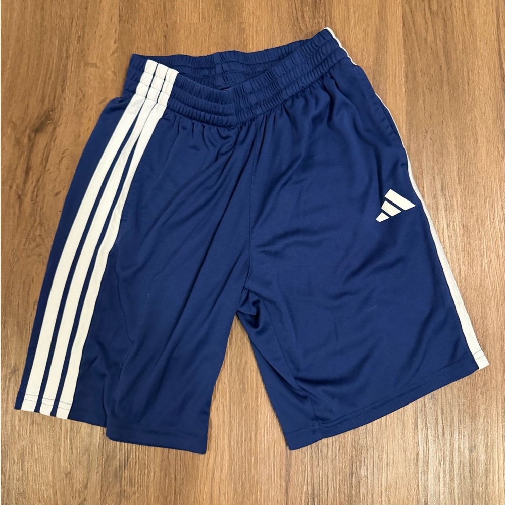 Blue Adidas Shorts with White Stripes